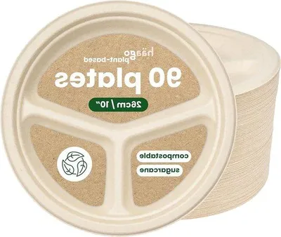 Obrázek produktu pro 90 Biologicky rozložitelné talíře 3 přihrádky cukrová třtina 26 cm Šetrné k životnímu prostředí Kompostovatelné