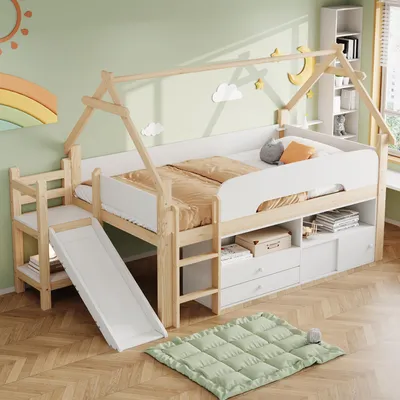 Image de Lit enfant Flieks, lit cabane 90x200 cm avec toboggan, lit superposé pour enfant avec tiroirs et étagères, lit superposé simple avec barrière de sécurité, en bois naturel