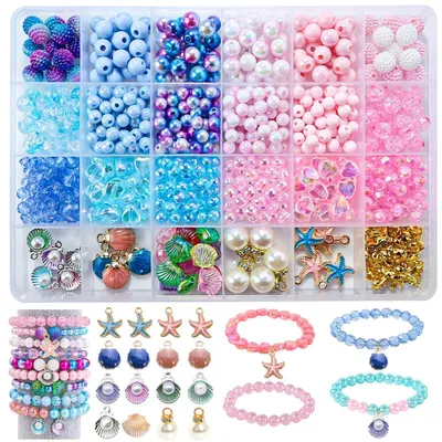 Obrázok produktu pre Sada "Morská víla" s 625 dielikmi pre deti | Veľké korálky s priemerom 8 mm, 24 farieb, mušle a morské hviezdy, vhodné od 4 rokov