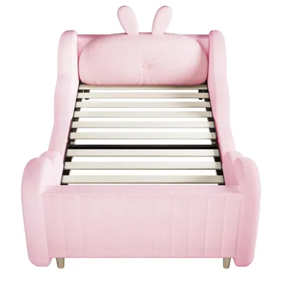 Produktbild von Flieks Kinderbett Schlafsofa 90x200cm mit abnehmbarem Kissen, Kinder Polsterbett Einzelbett mit Rausfallschutz, Bodenbett Tagesbett Samt, Rosa