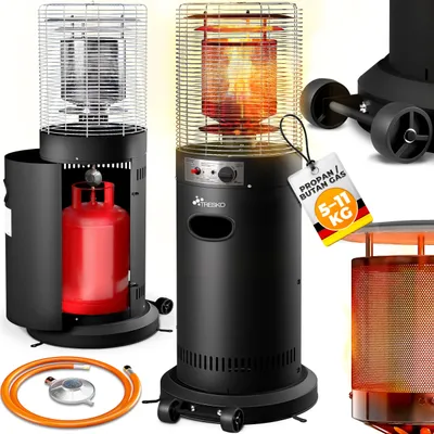 Produktbild von TRESKO® Heizstrahler Gas 11 kW mit Rollen | Outdoor Terrassenheizer für 5 & 11 kg Gasflaschen | Gasheizstrahler für Terrasse, Balkon & Garten | Gasheizer Heizpilz mit Schlauch & Regler