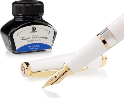 Produktbild von Füllhalter Set Cleo Skribent Classic Gold Weiß, Kolben-Füllhalter und 30 ml Tinte Blau