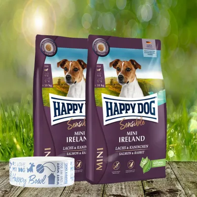 Produktbild von Happy Dog Sensible Mini Ireland 2 x 4 kg + Happy Dog Futternapf geschenkt