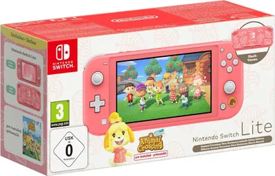 The image shows the retail packaging for a Nintendo Switch Lite console, specifically the Animal Crossing: New Horizons Isabelle Aloha Edition.