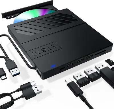 Produktbild von Externes CD/DVD Laufwerk USB 7-in-1, Ultra Slim Tragbarer CD/DVD Player Brenner, Slot-Load Writer Kompatibel mit Laptop & Desktop PC