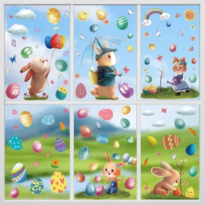 Productafbeelding van Raamstickers paashaas - 140 stuks - 9 vellen - Herbruikbaar - PVC