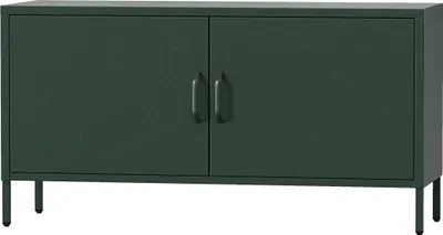 Image de Jan Nowak Table TV ROSA Table TV sur pieds pour le salon Table TV en métal avec portes et espace de rangement, 115 x 59,5 x 40 cm, vert bouteille