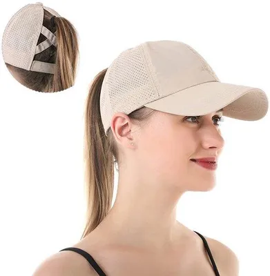 Produktbild von Baseball Cap für Damen – Sommer Cap mit UV-Schutz & Belüftung – Verstellbar – Khaki – Mit Pferdeschwanz-Öffnung