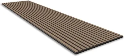 A long, rectangular acoustic panel with a slatted surface, shown at an angle against a white background.