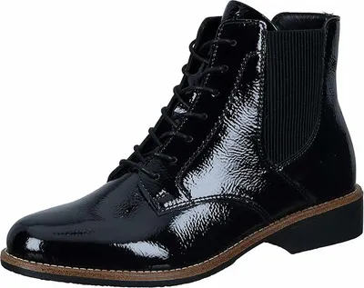 A black patent leather boot with laces and elastic side panels, shown against a white background.