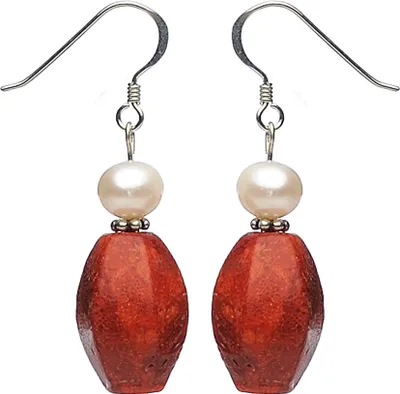 Produktbild von Ohrringe Ohrhänger aus Schaumkoralle & Süßwasserperlen, 925 Silber rot-weiß