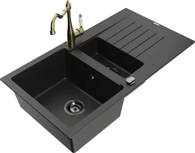 Produktbild von Mexen Matias 1,5-Becken-Granitspüle mit Abtropffläche und Mischbatterie Carla Schwarz/Gold metallisch - 6502-75-670700-50-B