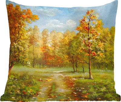 Produktbild von MuchoWow® Zierkissen Sofakissen Wohnzimmer Dekokissen 50x50 cm Eine Illustration von herbstlichen Bäumen in einem Wald - Komfort - Sofakissen