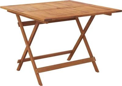 A wooden folding garden table on a white background.