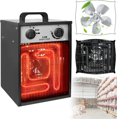 Productafbeelding van UISEBRT Elektrische verwarming, 5 kW, 400V, bouwverwarmer, verwarmingsstraal, verwarmingstoestel, verwarmingsventilator met thermostaat en 4 warmtestanden - Zwart