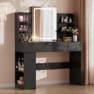 Productafbeelding van Make-uptafel met verlichting, 108x40 cm, spiegel met LED-verlichting (3 kleuren), 2 lades, zwart