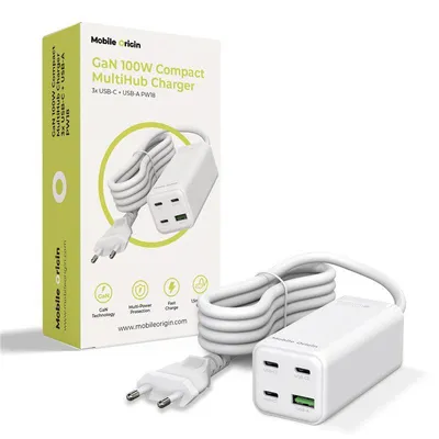 Immagine prodotto di Caricabatterie multiplo compatto Mobile Origin Gan da 100 W Pw18 con 3 porte USB-C + USB-A