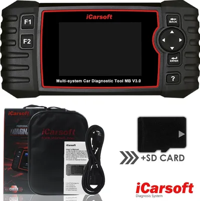 A car diagnostic tool and its accessories are displayed against a white background.