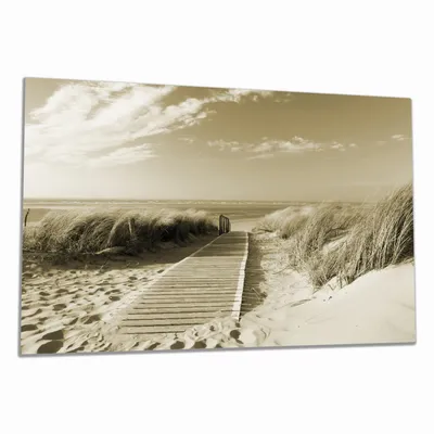 Produktbild von Wallario Herdabdeckplatte aus Glas, Größe 80 x 52 cm 1-teilig, Motiv Auf dem Holzweg zum Strand in Sepiafarben