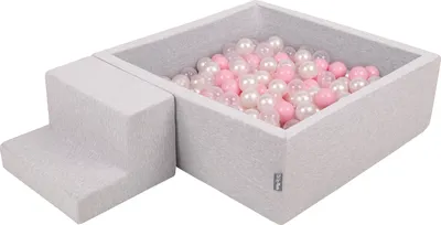 Obrázok produktu pre KiddyMoon Mäkké penové ihrisko pre deti s Štvorec loptičkovým ihriskom (200 ∅ 7 cm) s mäkkými prekážkami a loptičkovým bazénom,  vyrobené v EÚ, Svetlo šedá:Púdrovo ružová/Perla/Transparen
