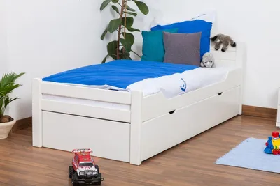Produktbild von Kinderbett 90 x 200 cm mit Ausziehbett 90 x 190 cm | Massivholz: Buche | Weiß Lackiert | inkl. 2. Liegeplatz 90 x 190 cm ausziehbar und 2 Rollrost