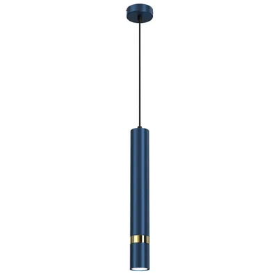 A single navy blue pendant light with a gold band, suspended by a black cord against a white background.