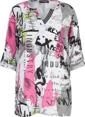 Produktbild von Viskose Bluse mit Graffiti-Print und Farbklecksen, fließende Passform, 3/4-Ärmel, Seitenschlitze