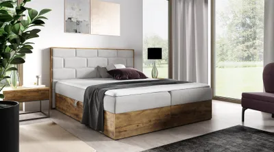 Produktbild von Boxspringbett Bett BEILA 120x220cm Lancelot Eiche Stoff Hellgrau inkl. Bettkasten