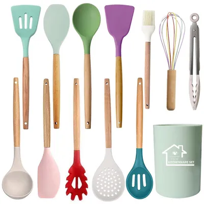 Immagine prodotto di Set di utensili da cucina in silicone, 13 pezzi, con supporto, colorati, resistenti al calore, con rivestimento antiaderente
