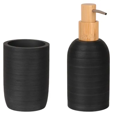 Produktbild von WENKO Seifenspender Mod. Altavalle Bad-Accessoire Set freistehend mit Zahnputzbecher aus Polyresin und Bambus schwarz 0,25l Ø 18,5 x 8 cm