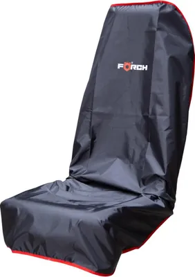 A black car seat cover with red trim is shown against a white background.