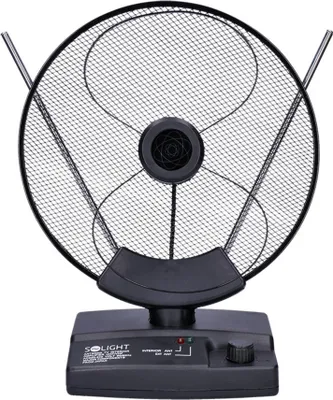 A black indoor TV antenna with a circular mesh dish and two adjustable rods, mounted on a black base with controls and indicators.
