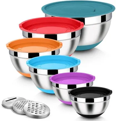 Produktbild von Unyqoos® 6‑teiliges Rührschüssel‑Set aus rostfreiem, lebensmittelechtem Edelstahl mit 3 Reibeaufsätzen, luftdichten Deckeln, rutschfester Silikonbasis, stapelbar