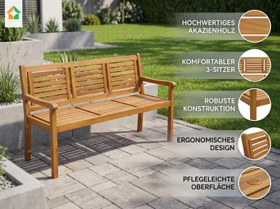 Produktbild von 3-Sitzer Gartenbank aus Akazienholz, ca. 153 x 90 x 57 cm - Braun