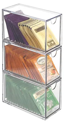 Produktbild von 3 kleine Aufbewahrungsboxen aus Acryl mit Schubladen, transparent und stapelbar, zur Aufbewahrung von Teebeuteln, Kaffeekapseln, Schrein, Kosmetikartikeln und Schmuck.