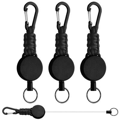 Image de Porte-clés télescopique, lot de 3, cordon télescopique avec câble en acier de 60 cm et mousqueton, porte-carte télescopique pour clés et cartes, noir