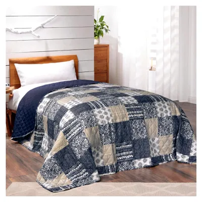 Produktbild von Patchwork Tagesdecke Mellow Blue im Vintage-Stil, Bettüberwurf für Doppelbetten, 220x240 cm