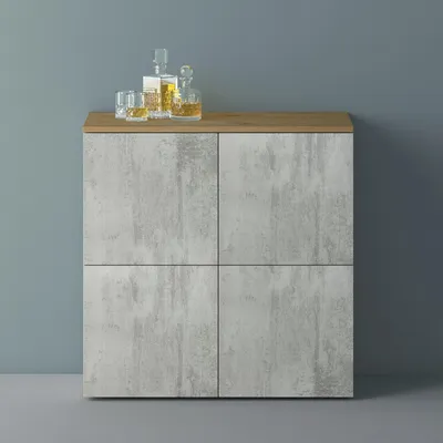 Produktbild von Mai & Mai Möbel Kommode Aufbewahrungsschrank mit 4 Türen in Kerneiche + Beton Sideboard Schrank Mehrzweckschrank BTH: 76x36,4x74cm Schrank04