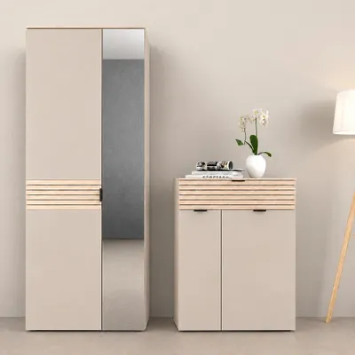 Produktbild von Garderoben Set in Beige mit Eiche, Schrank & Schuhkommode, 2-teilig - ISCHIA-36