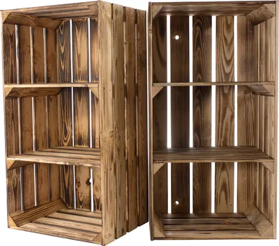 Produktbild von 3er Set geflammter/brauner hoher Holzschrank mit 2 Böden 68cm x 40cm x 31cm, Holzregal Weinkiste Regal Obstkiste