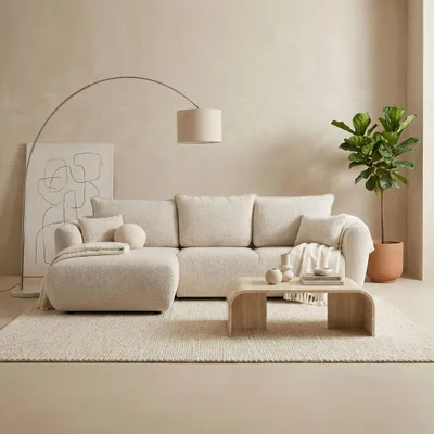 Produktbild von L-Form Ecksofa – Links – Modernes Sofa mit Schlaffunktion und Bettkasten – Liegefläche 210 × 140 cm – Ecru Strukturstoff Chenille