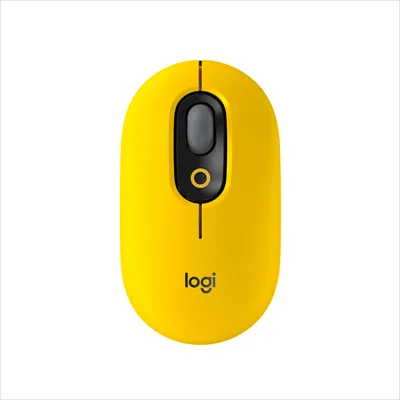 A top-down view of a yellow Logitech POP wireless mouse against a white background.