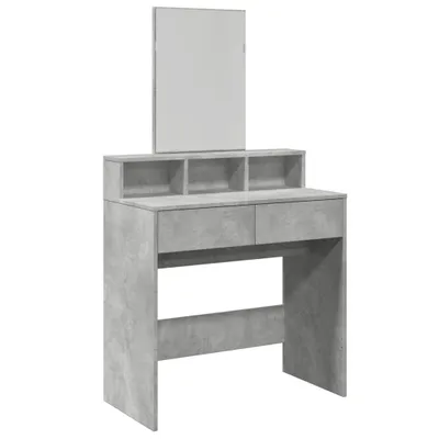 A vanity table with a mirror and storage shelves, shown against a white background.