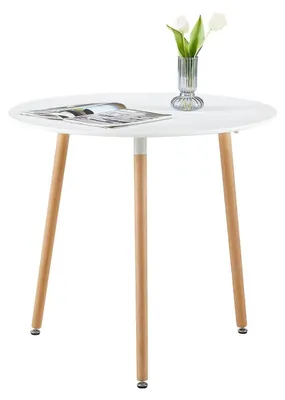 Obrázok produktu pre Okrúhly jedálenský stôl, biela farba, skandinávsky štýl, materiál: MDF, rozmer: 80 x 72 cm, s 3 nohami z buku