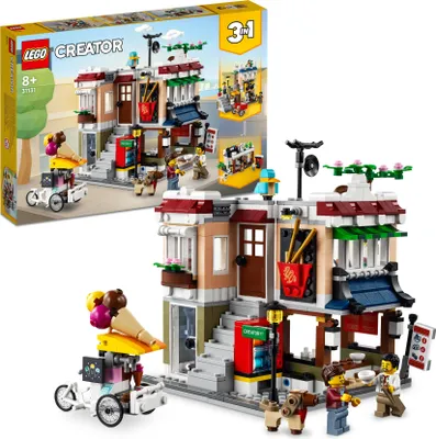 Produktbild von LEGO 31131 Creator Nudelladen, Fahrradladen und Spielhalle, 3in1 Konstruktionsspielzeug mit Zubehör wie Spielautomaten, Bonsai und Hunde-Figur, Geschenk für Kinder ab 8 Jahren, Modular Building