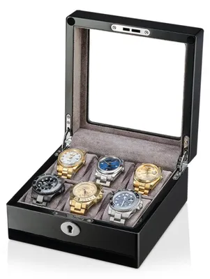 Productafbeelding van Premium horlogebox van hout voor 6 horloges – met pianolak in hoogglans zwart en grijze fluwelen bekleding