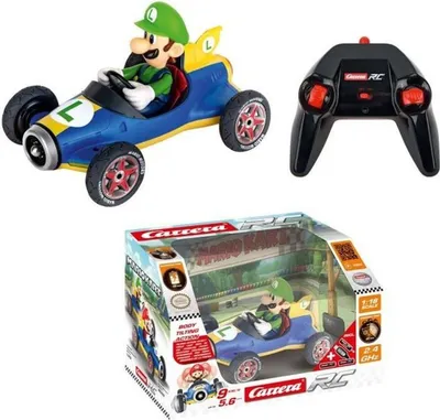 Produktbild von Carrera RC 2,4GHz Mario Kart(TM) Mach 8, Luigi | Ferngesteuertes Auto | Vollgefedertes Fahrzeug | Gummireifen | Differenzialgetriebe |bis zu 9km/h schnell | inkl. 3,2V 700mAh LiFePo4 Akku, 1A USB Ladekabel und Batterien