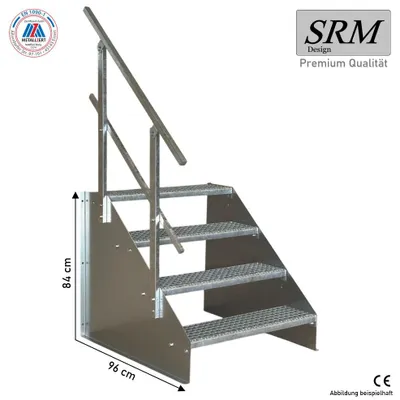 Produktbild von 4 Stufen Standtreppe Modell 1 verzinkt, Breite 90 cm, Höhe 84 cm 1x Geländer Eckig