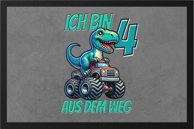 Produktbild von Kinder 4. Geburtstag Fußmatte Dino Dinosaurier Auto 4 Jahre Junge Monstertruck