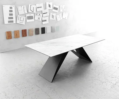 Produktbild von DELIFE Esstisch Edge 200x100cm Keramik Laminam®Statuarietto Weiß V-Mittelfuß Schwarz